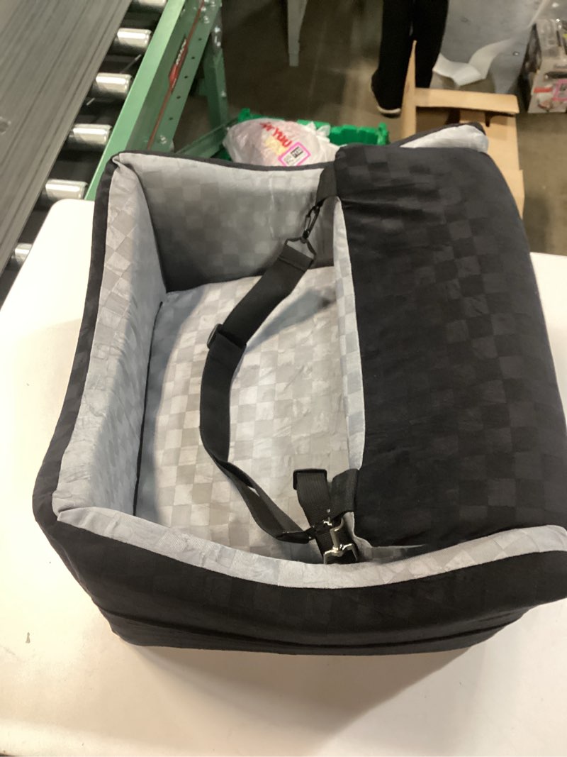 Condition photo showing As Is for joejoy elevated dog car seat for small/medium dogs up to 35 lbs, memory foam booster seat with detachable washable cover, travel-safe car bed with safety belts & storage pockets, grey medium grey