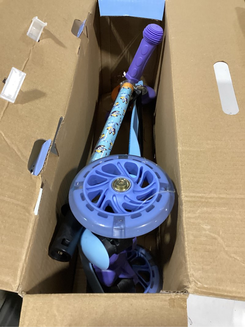 Condition photo showing Good Condition for self balancing kick scooter with light up wheels, extra wide deck, 3 wheel platform, foot activated brake, 75 lbs limit, kids & toddlers girls or boys, for ages 3 and up bluey