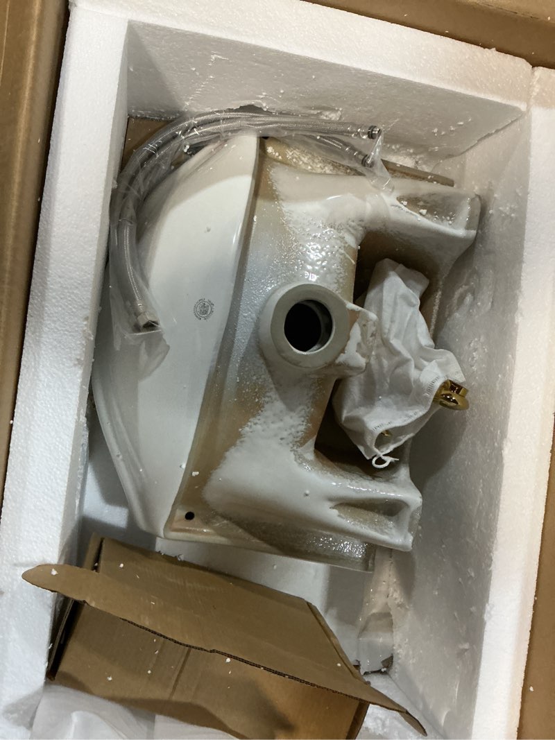 Condition photo showing Good Condition for Renovators Supply Manufacturing Wall Mount Bathroom Sink 17 3/4 In. White Ceramic Wall Hung Sink With Brass Faucet And Sink Drain