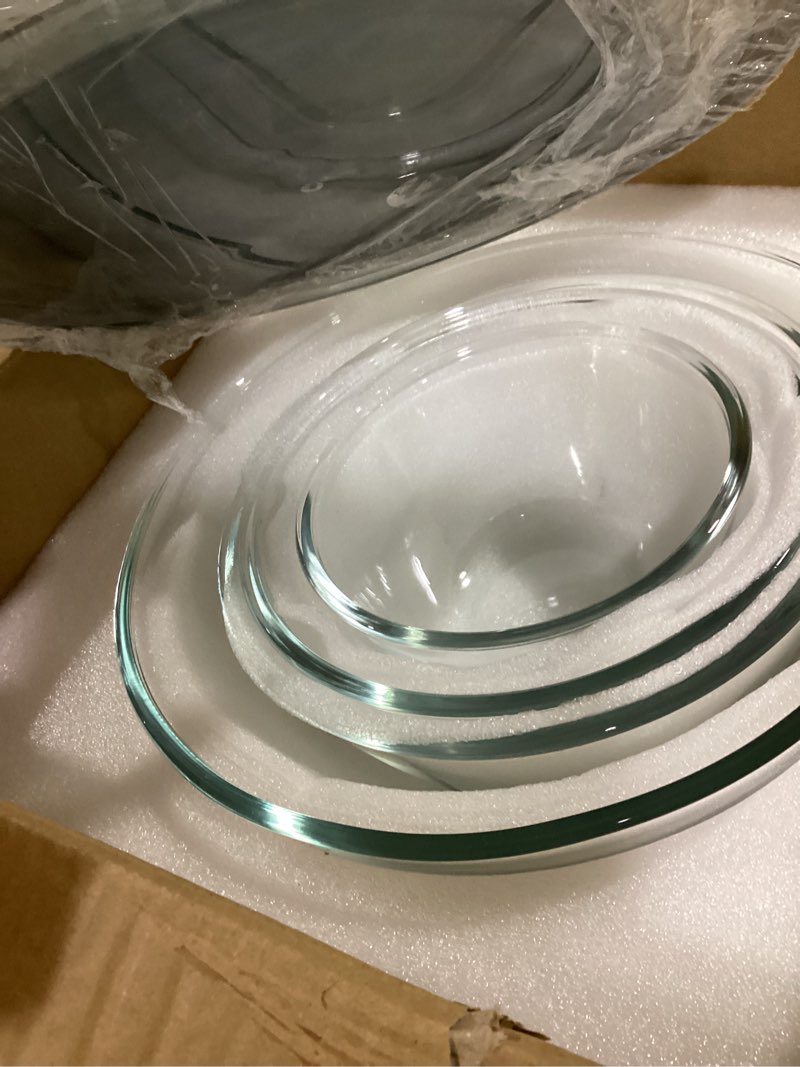 Condition photo showing As Is for Glass Mixing Bowls with Lids Set of 5(4.78QT,2.2QT,1.7QT,1.1QT,0.85QT),Thick Glass Nesting Bowls for Kitchen Baking,Cooking Prep,Storage,Serving,Large Salad Bowls,Dishwasher Microwave Freezer Safe Transparent