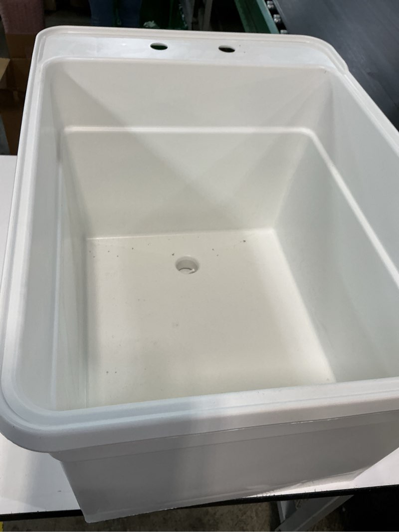 Condition photo showing As Is for 18 in. x 24 in. plastic utilatub single laundry tub in white