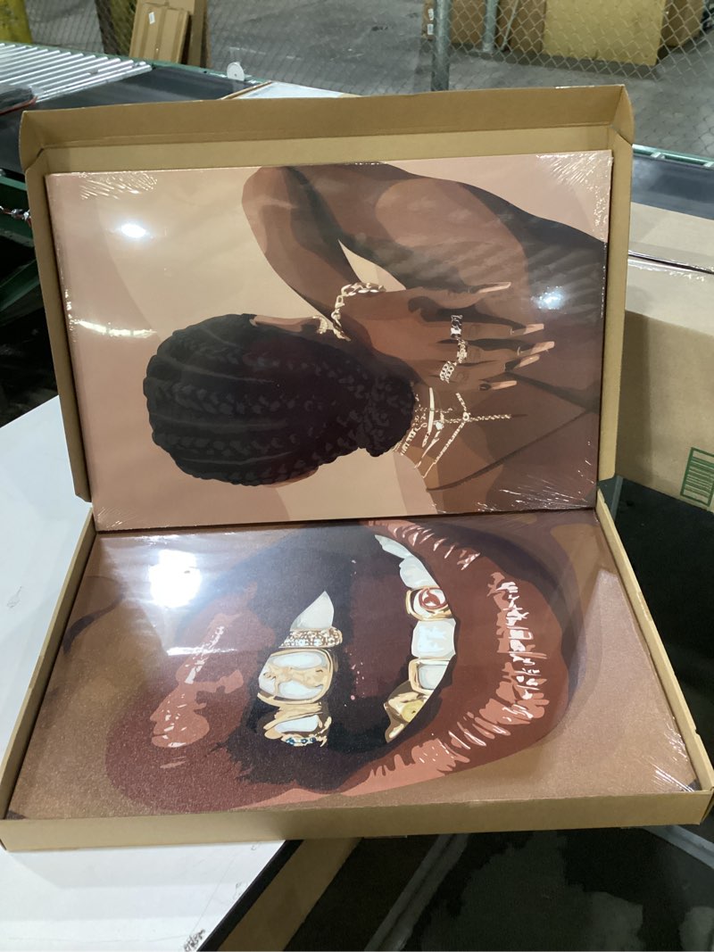 Condition photo showing New/Like New for Black Girl Wall Art, African American Woman Canvas Artwork, Large Abstract black Girl Poster Prints, Gold Jewelry Fashion Black Woman Wall Decor for Bedroom Living Room Framed 12"x16"x3" Brown 16"L x 12"W