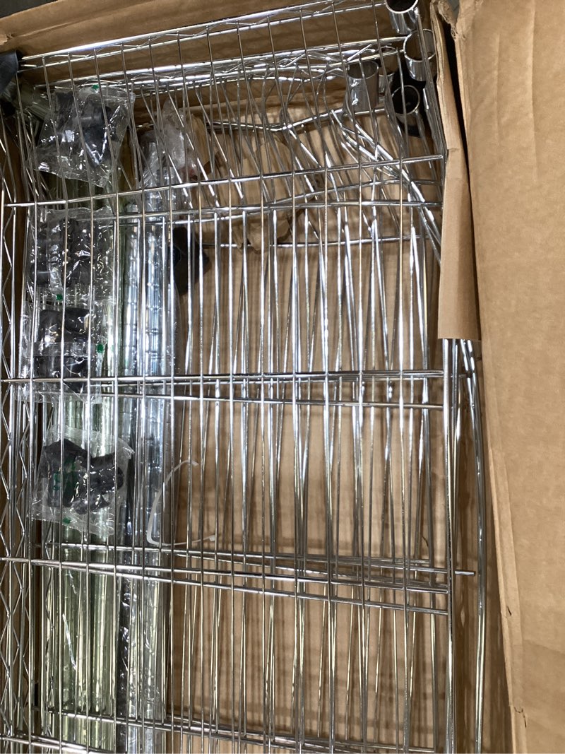 Condition photo showing As Is for izeuk 5-tier heavy duty metal storage shelving unit (chrome, 17.7" d x 47.2" w x 72.3" h, 1750 lbs capacity), adjustable steel wire rack shelf organizer for garage, kitchen, pantry, basement, laundry 5 tier, 17.7" d x 47.2" w x 72.3" chrome