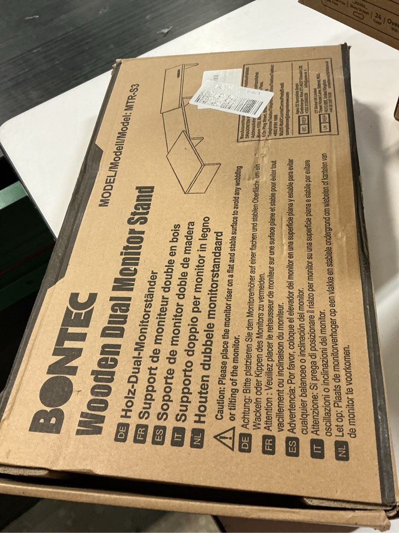 Condition photo showing Good Condition for bontec dual monitor stand riser with smartphone holder, adjustable length & swivel angle, ergonomic wooden desktop organizer for pc monitor, laptop, printer, large storage, black