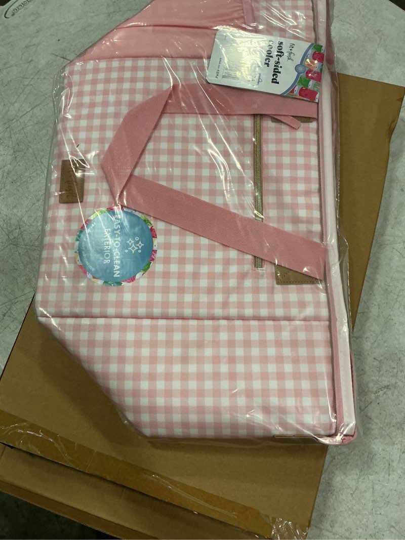 Condition photo showing New/Like New for fit & fresh, 24-can soft cooler bag insulated, leak resistant, portable, soft sided bag for travel pink gingham