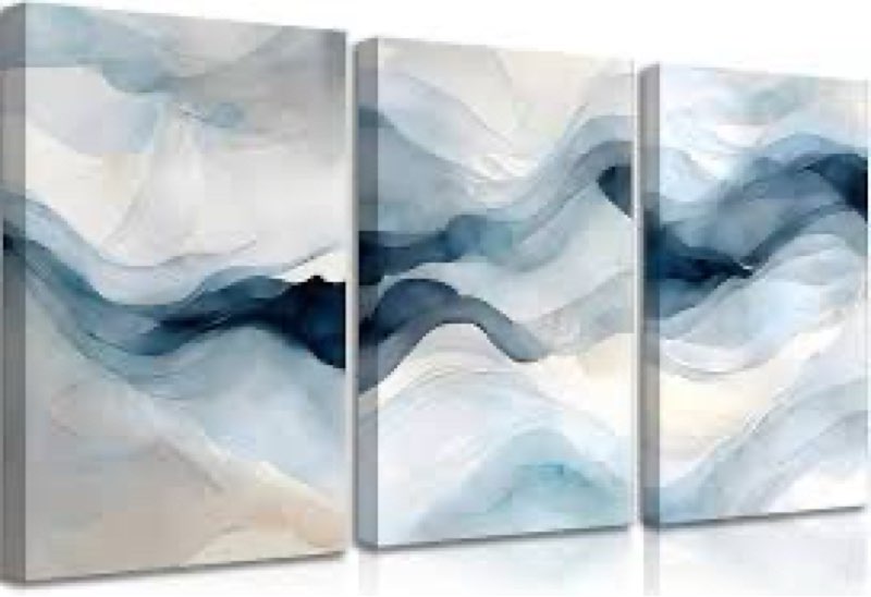 3 Pcs Modern Navy Blue Abstract Canvas Wall Art Minimalist Geometric Smoke Ombre Ink Painting Pictur