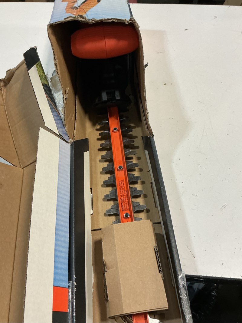 Condition photo showing As Is for black+decker electric hedge trimmer, 16-inch 3.0 amp compact corded power hedge trimmer (beht100)