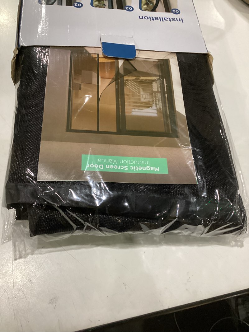 Condition photo showing Good Condition for reversible side opening magnetic screen door for double door (72 x 80 inch), heavy duty fiberglass mesh with 25 pairs magnets, fits patio sliding& french door, unblocked view fit for 72"x80" doors black