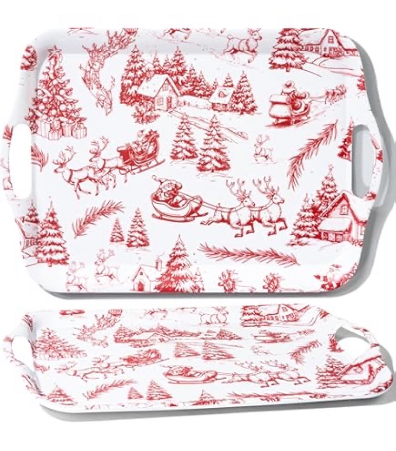 Mark & Graham rectangular winter scenes birchwood tray with a red and white holiday design featuring Santa and reindeer