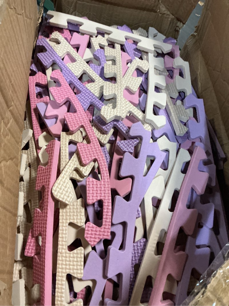Condition photo showing Good Condition for riakrum 100 tiles 12 x 12 inch foam puzzle floor mats with borders 0.4 inch thickness interlocking eva foam floor tiles soft safe play mats for exercise gym workout nursery home(pink, purple, beige)