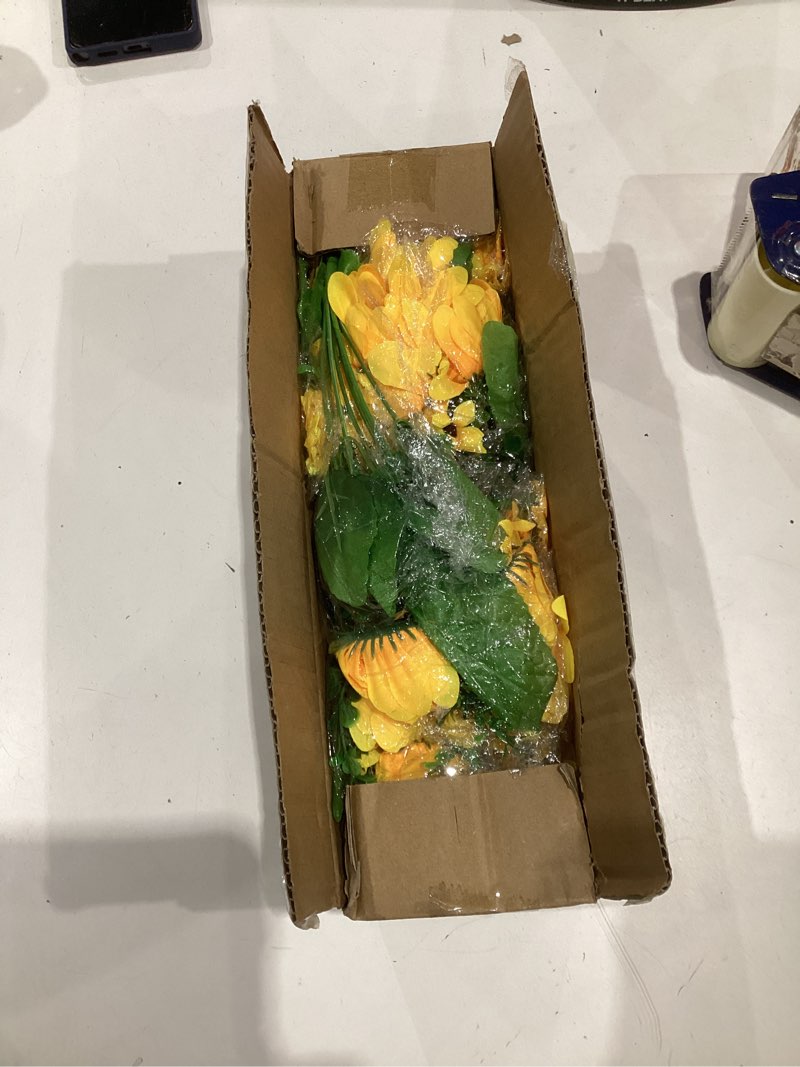 Condition photo showing New/Like New for 6 pack artificial sunflowers with stems for indoor outdoor 12 inch fake silk sunflower with 13 sunflower heads and 27 green leaves decor home wedding party office (6pack)
