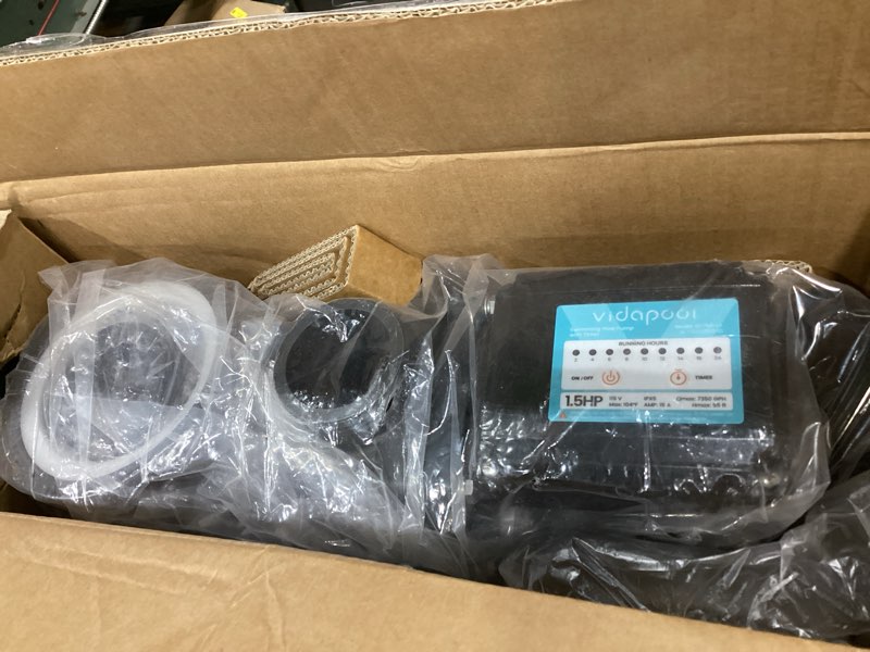 Condition photo showing As Is for 1.5hp in/above ground pool pump with timer, 7350gp high flow 115v powerful self primming swimming pool pumps with filter dark black