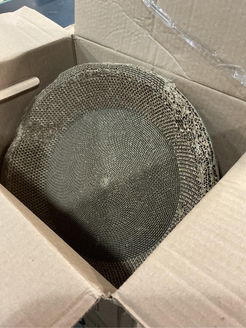 Condition photo showing As Is for large cat scratcher bed, 16.9" x 16.9" x 3.9" cat scratch cardboard with 2?in?1 design, scratching board pad for indoor cats kitty kittens, scratch bowl lounge house couch, furniture protector, round 16.9"l x 16.9"w x 3.9"h
