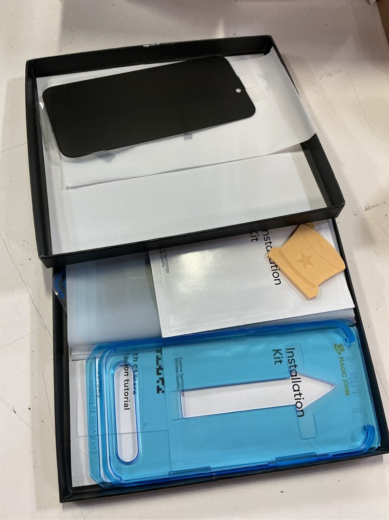 Condition photo showing As Is for magic john 2 pack for iphone 15 pro max 6.7 inch privacy glass screen protector, auto dust-elimination installation, bubble free, easy installation