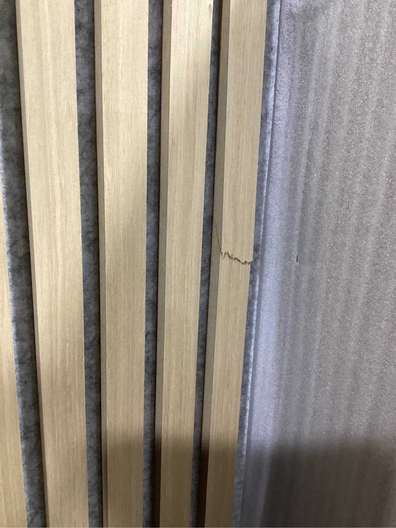 Condition photo showing As Is for wood wall panels for interior wall decor, 2 pack wood slat acoustic panels, soundproof wall panels for noise cancelling and decoration, living room, bedroom, office, oak 2 pcs oak