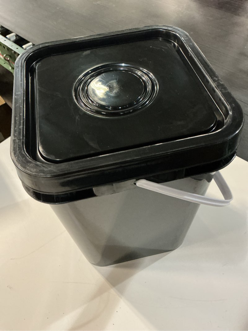 Condition photo showing As Is for 8 pcs 3.5 gallon square food grade bucket with lid square bucket pail plastic handles for long term food storage, camping, fishing, home organization easy stack and store (black)