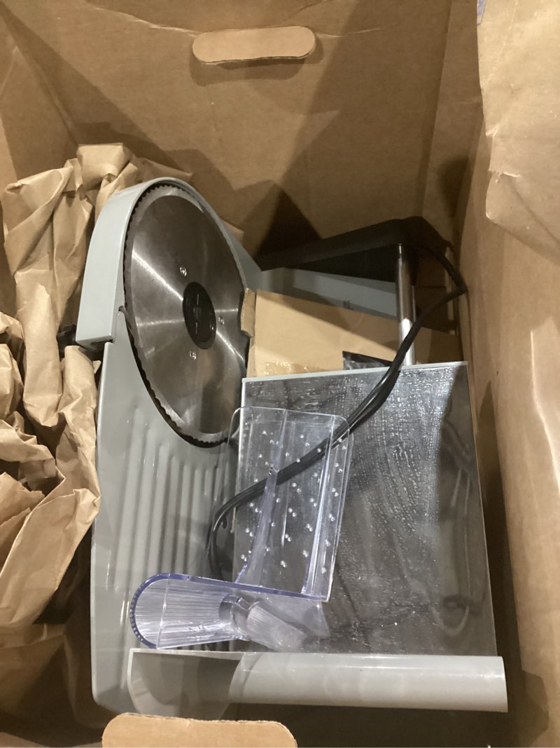 Condition photo showing Good Condition for 200w meat slicer machine for home use,deli slicer with 2 removable 7.5'' stainless steel blades,adjustable dial for 0-15mm, electric food slicer for meat, cheese, bread,child lock,easy to clean,gift silver 200w meat slicer with 2 blades and tray