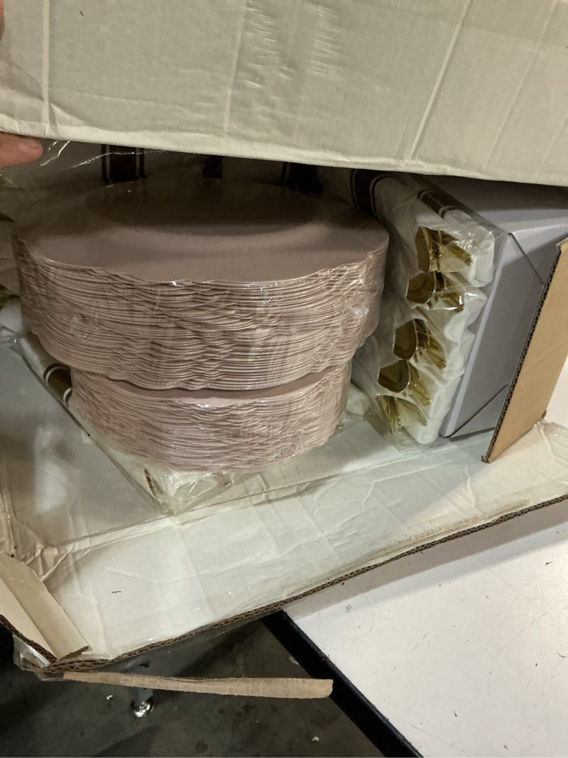 Condition photo showing New/Like New for liacere 350pcs pink plates disposable-pink plates 50guest baroque plastic dinnerware include 100plates, 50pack pre rolled napkins with silverware 50cups perfect for wedding & party