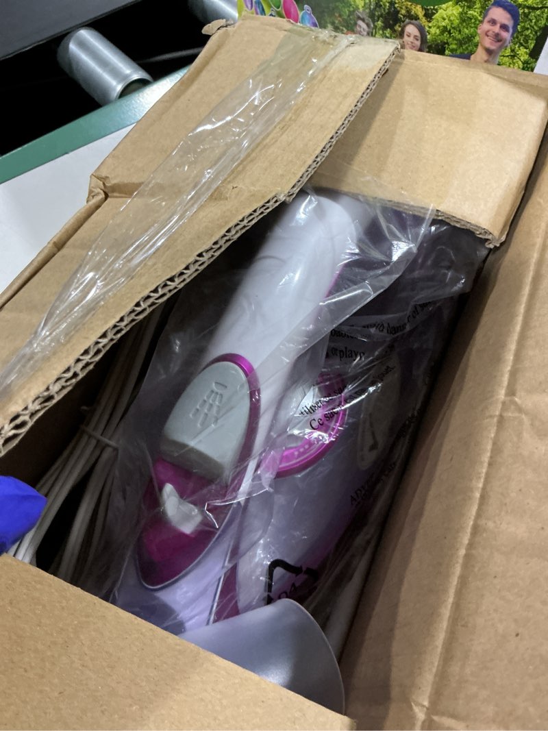 Condition photo showing As Is for omaiga steam iron for clothes, 1750w fast heating with powerful steam, 15.21oz/450ml large water tank, ceramic soleplate, anti-drip, self-cleaning, 3-way auto shut off for home laundry purple