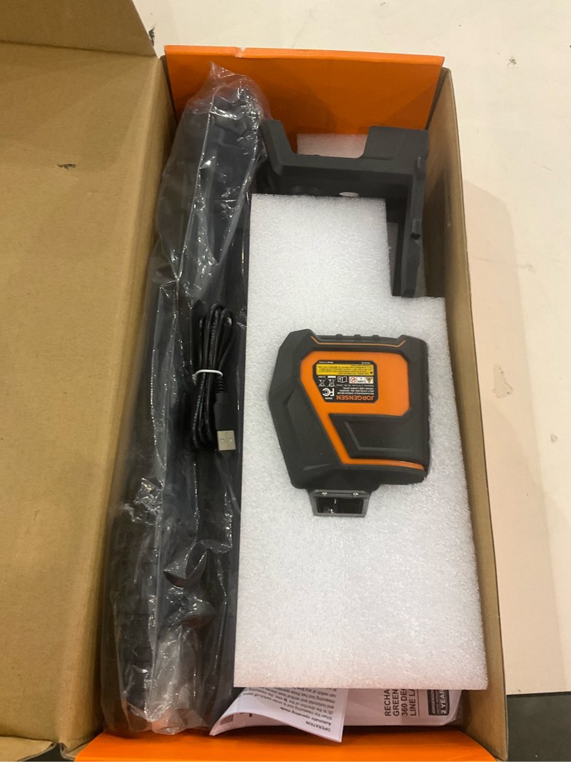Condition photo showing Good Condition for JORGENSEN 360° Laser Level with Tripod, 100 FT Rechargeable Self Leveling Cross Line Laser Leveler Tool with Magnetic Base, Wide Angle Green Laser Level for Picture Hanging, Floor Tile, Construction