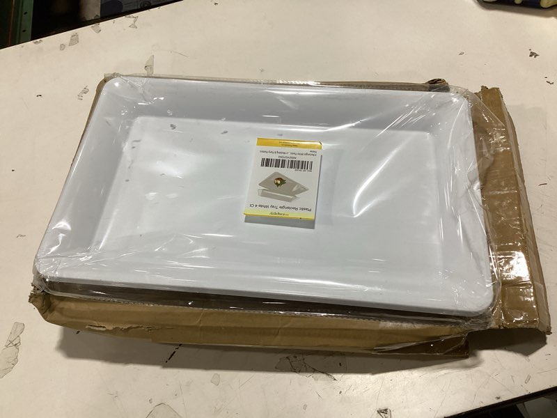 Condition photo showing Good Condition for 4 rectangle white plastic heavy duty serving trays 12" x 18" decorative wedding & party platters