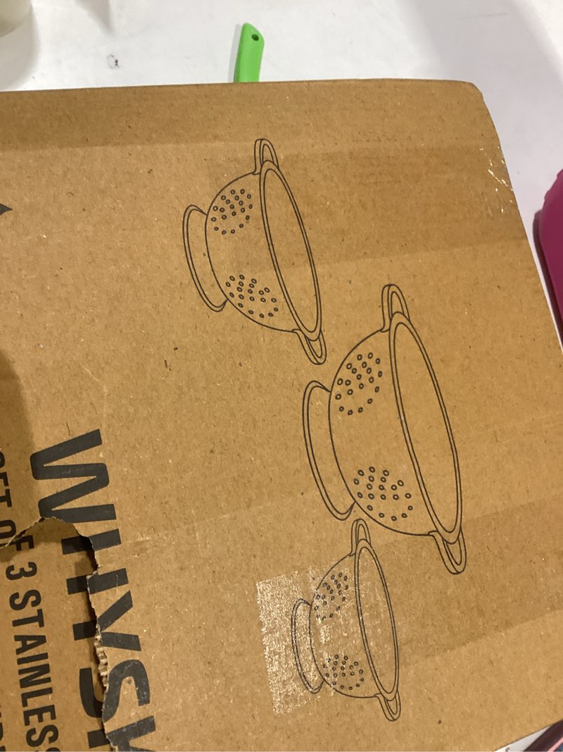 Condition photo showing New/Like New for Whysko 3 Pack Stainless Steel Colanders with Handles - 5 Qt, 3 Qt, 1 Qt - Durable Colander for Kitch