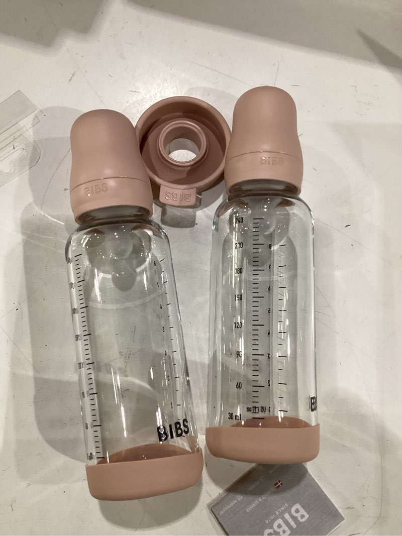 Condition photo showing New/Like New for bibs glass baby bottle, 240 ml, 2-pack, silicone nipple, blush | anti-colic | medium flow | supports breastfeeding | made in denmark | familiar bibs nipple blush 8.1 ounce (pack of 2) 2 pack