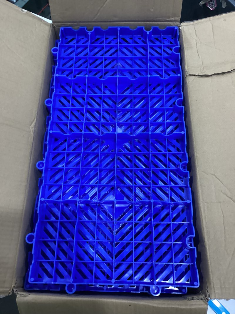 Condition photo showing As Is for heavy duty plastic pallets - 6pcs lightweight waterproof storage pads, rackable & stackable, ventilated grid design for warehouse/garage/outdoor blue