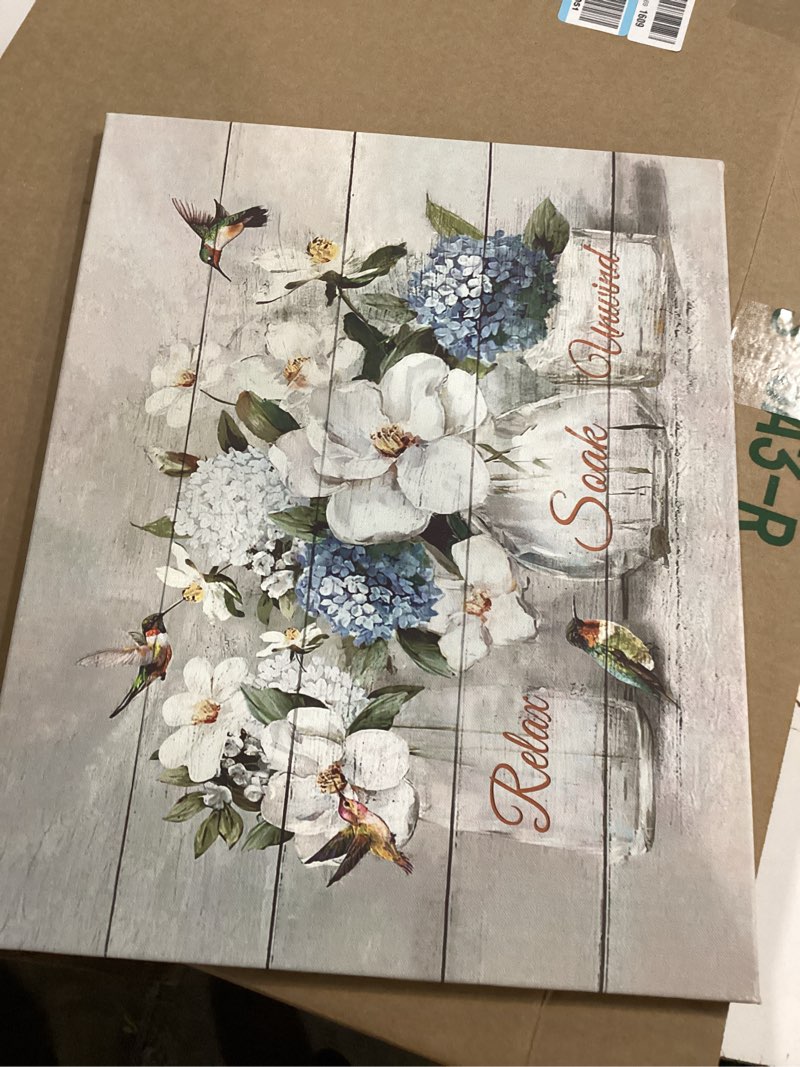 Condition photo showing Good Condition for Farmhouse Flower Bathroom Decor Wall Art Rustic Hummingbird White Floral Pictures Wall Decor Relax Soak Unwind Bathroom Sign Canvas Painting Prints Artwork Home Decorations Framed for Bedroom 20"x16" 20"L x 16"W White Flower