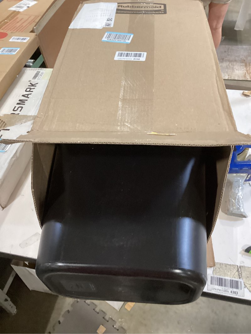 Condition photo showing As Is for rubbermaid commercial products deskside wastebasket/trash can, 10.25-gallon/41-quart, black, plastic, garbage can for home/office, fits under desk/sink/cabinet, pack of 4 10.25 gallons black 4