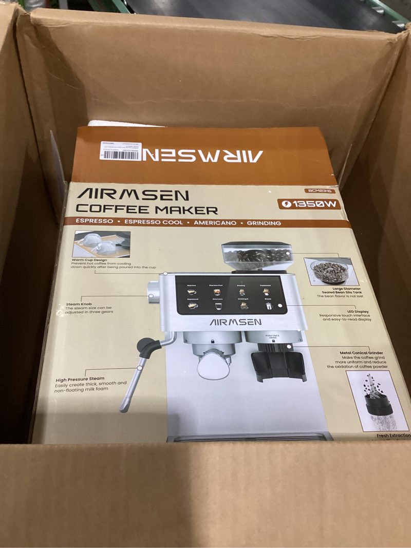 Condition photo showing As Is for airmsen espresso machines with burr grinder, 20 bar, milk frother steam wand, stainless steel coffee maker for home - cappuccino latte & ??cold brew?? iced coffee maker & americano