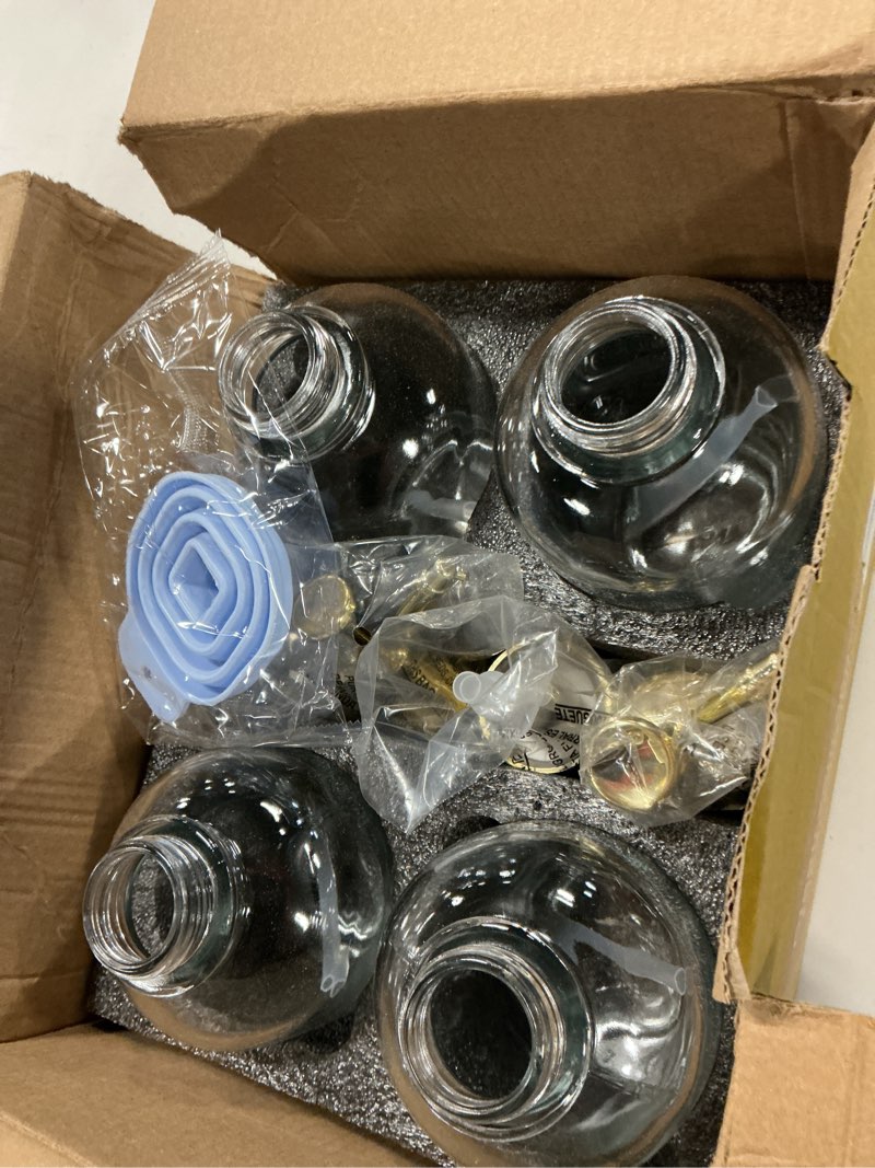 Condition photo showing New/Like New for 16.9 oz (500 ml) coffee syrup dispenser set- 4 glass bottles with gold pumper and syrup labels - precise dispensing and stylish addition to coffee shop, cafe or home bar 4 pack gold