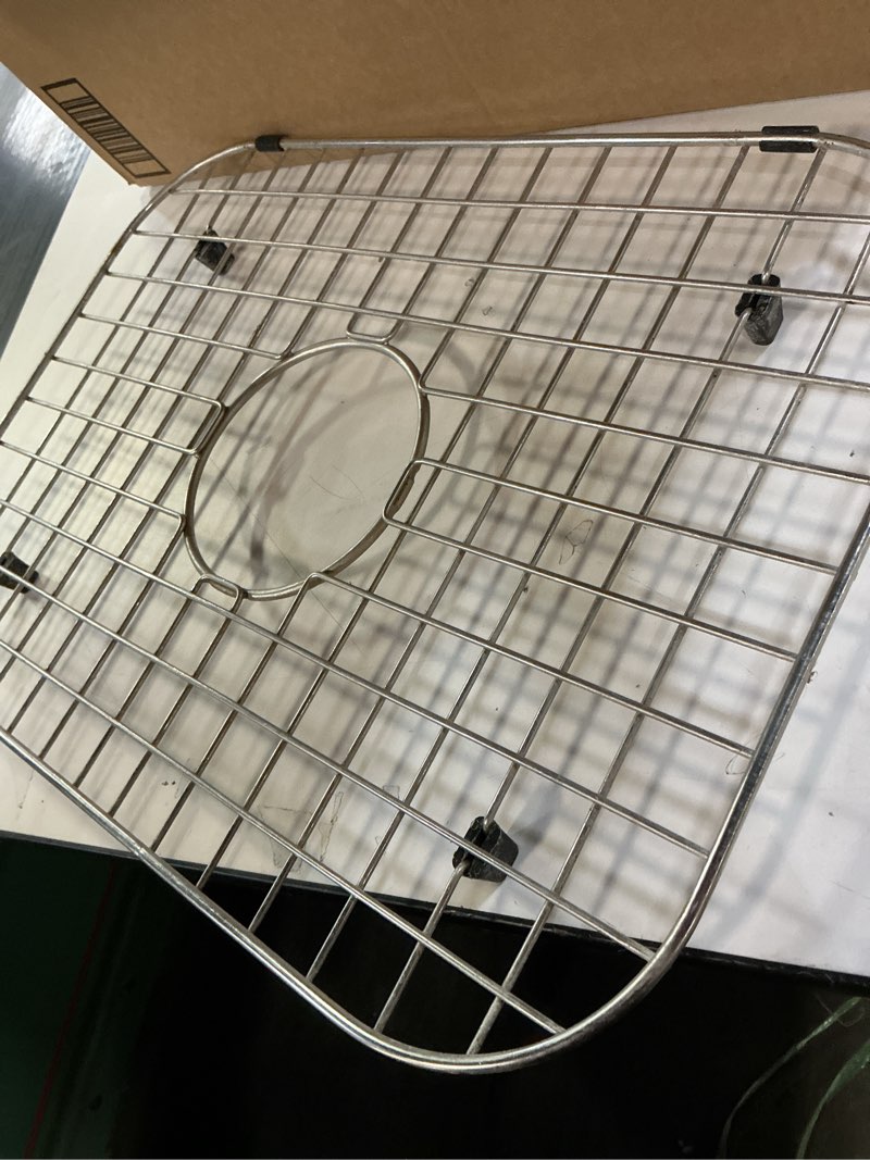 Condition photo showing As Is for MONSINTA Kitchen Sink Grid and Stainless Steel Sink Protectors, Sink Bottom Grid, Sink Mats and Sink Racks for Bottom of Kitchen Sink, 11 5/8'' X 13 9/16'' with Rear Drain for Double Sink Bowl