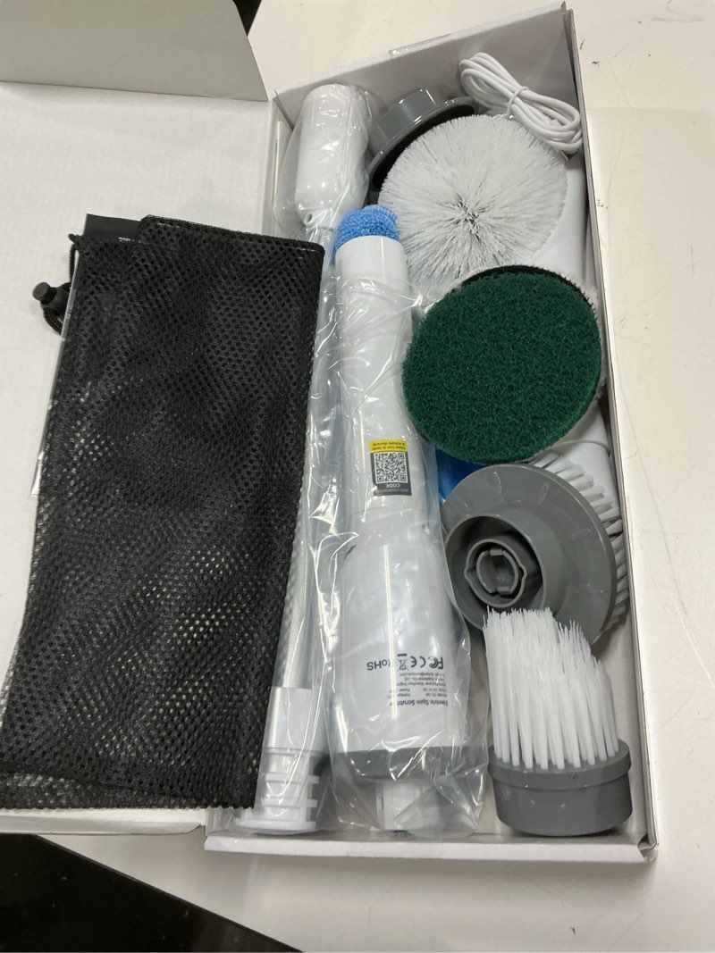 Condition photo showing New/Like New for electric spin scrubber, 2026 new cordless cleaning brush, shower cleaning brush with 7 replaceable brush heads, power scrubber 3 adjustable speeds, detachable long handle & ipx7 waterproof gray