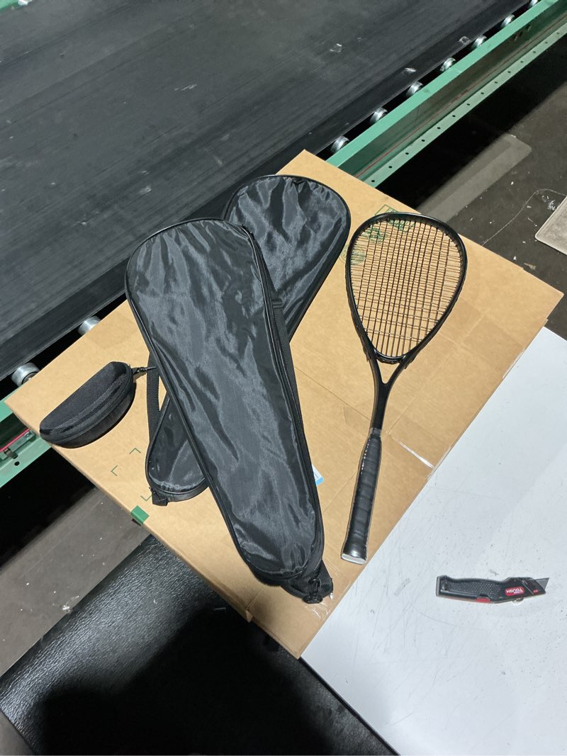Condition photo showing Good Condition for 2 pack beginner squash racquet set includes 2 racquets with racket bags 2 anti fog goggles with cases and 2 blue dot squash ball for beginners training recreational play black, white