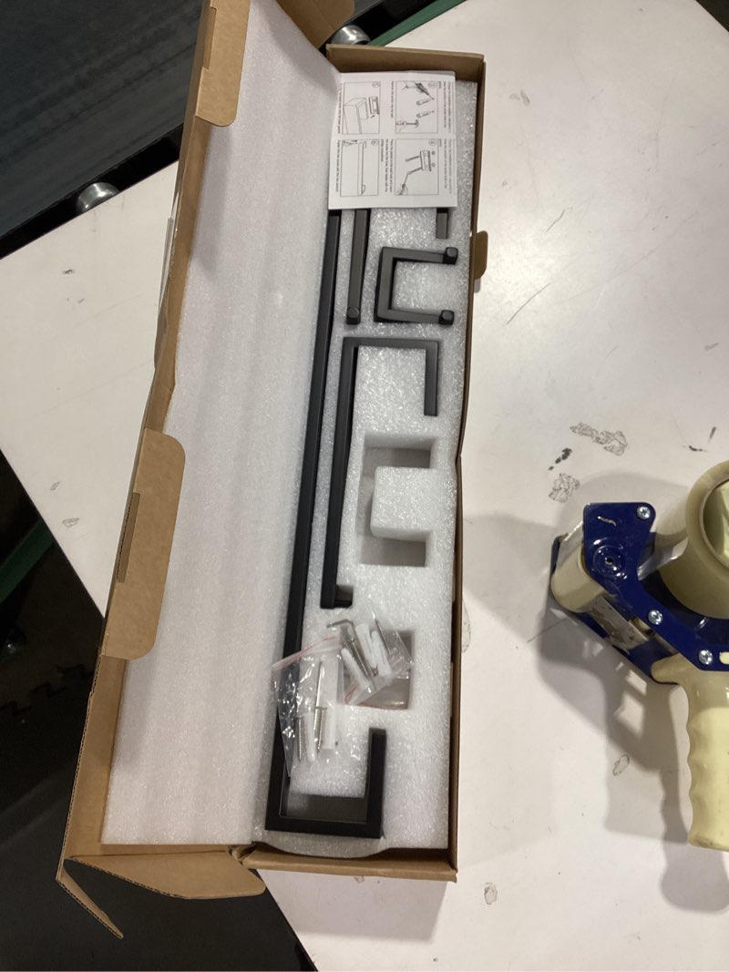 Condition photo showing As Is for TNOMS 4 Pieces Bathroom Hardware Accessories Set Black Towel Bar Towel Holder Robe Hook Toilet Paper Holder Stainless Steel,Q8-P4BK