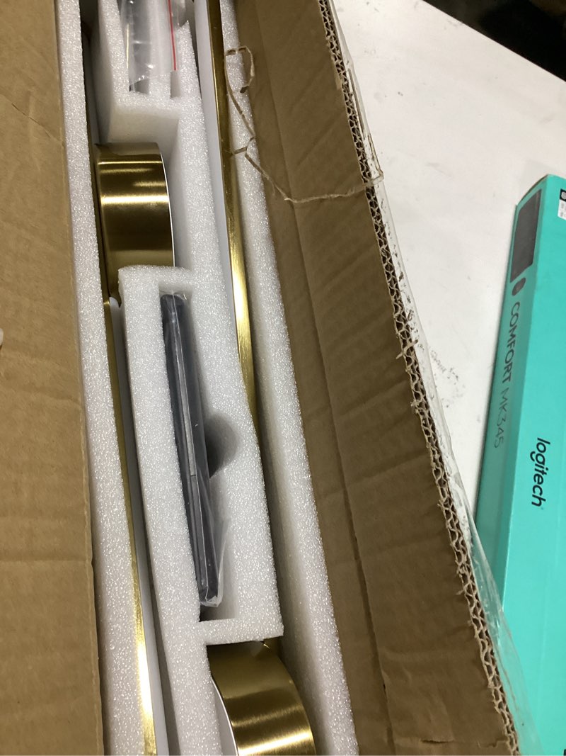 Condition photo showing As Is for battery operated modern wall sconces set of two,rechargeable wireless wall lights with remote control,dimmable,3cct,timer,360°rotation,cordless lighting for bedroom,living room,hallway,brass,23.6 inch brushed brass(rotate) 23.6 inch