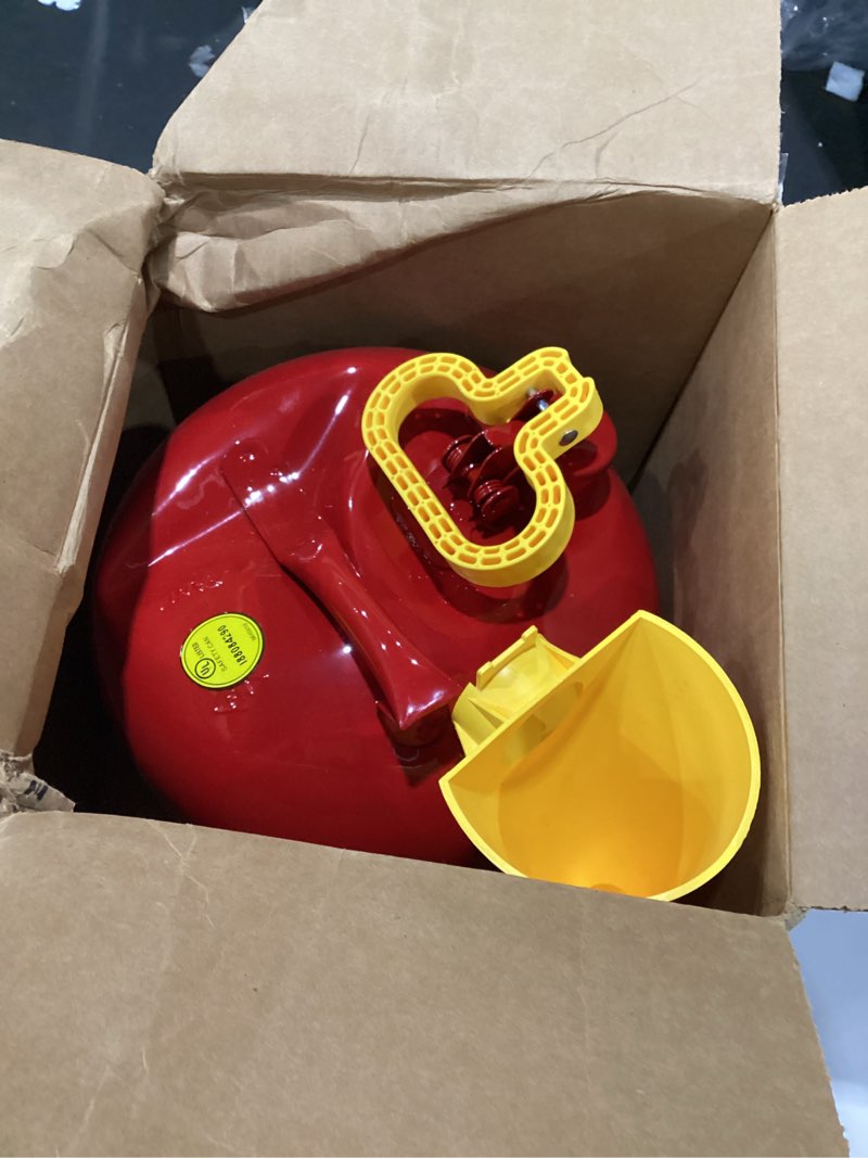 Condition photo showing As Is for eagle ui-25-fs type i metal safety can with f-15 funnel, flammables, 11-1/4\" width x 10\" depth, 2-1/2 gallon capacity, red, dented