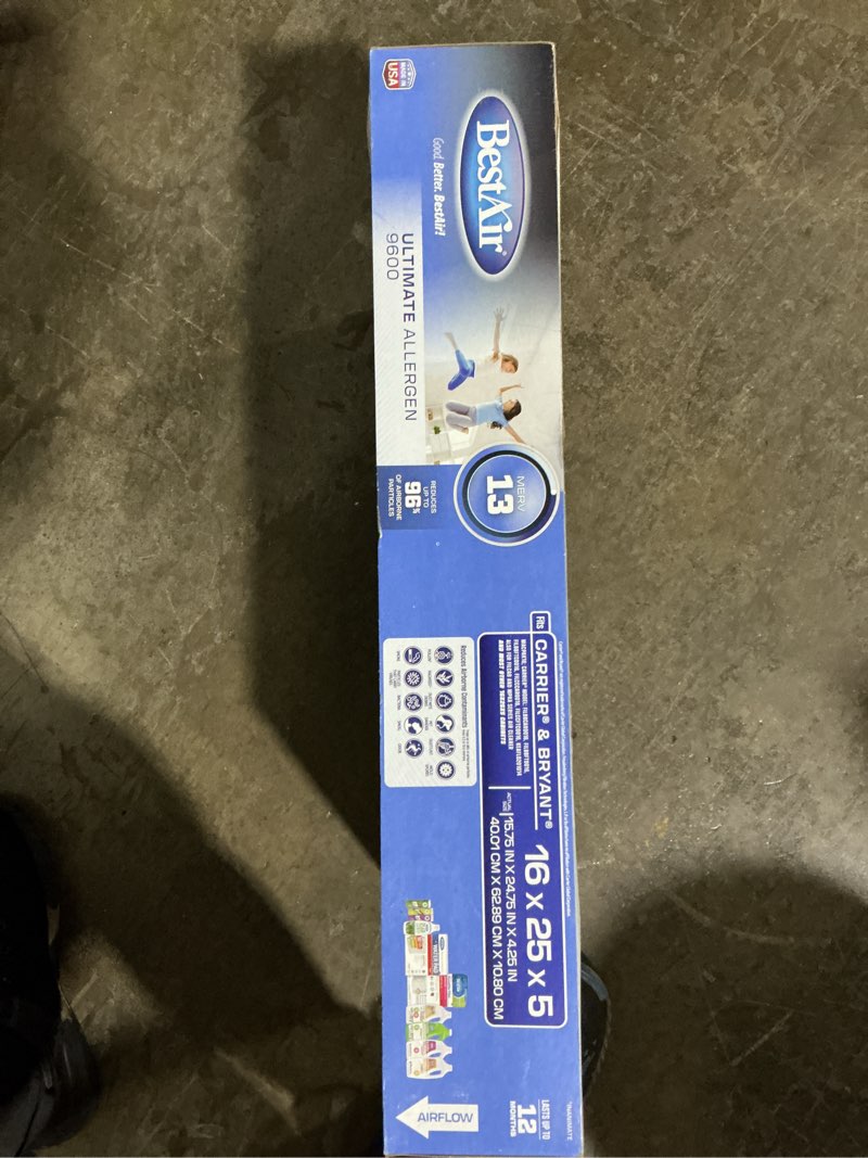 Condition photo showing As Is for bestair 1pk 16\" x 25\" x 5\" carrier/bryant replacement air furnace filter merv 13: 5 inch electrostatic, epa certified