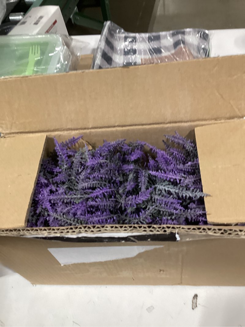 Condition photo showing Good Condition for Set of 3 Small Potted Plants Arrangement Artificial Lavender Flower Plants in Rustic Galvanized Metal Pots with Decorative Wood Tray for Farmhouse Table Centerpiece Windowsill Country Indoor Decor