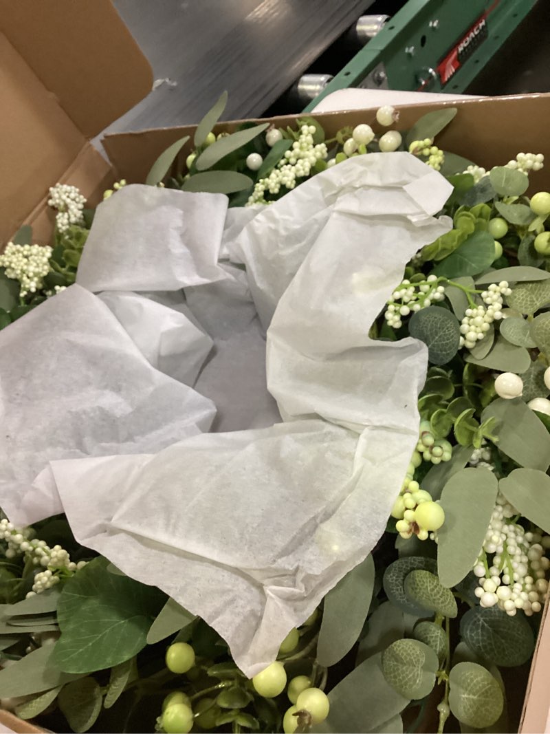 Condition photo showing Good Condition for vlorart 24-26 inch artificial spring summer greenery christmas wreaths for front door green eucalyptus leaf wreath decor boxwood with big berries for farmhouse outside year round
