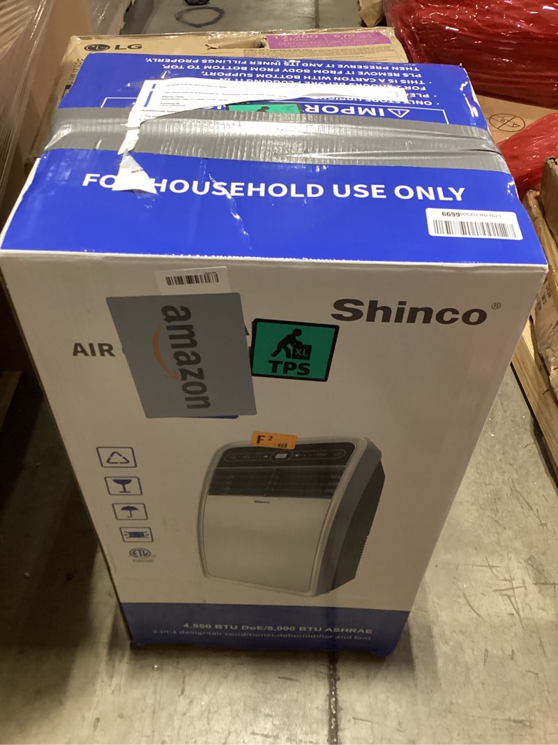 Condition photo showing As Is for shinco 8,000 btu portable air conditioner, ac unit with built-in cool, dehumidifier & fan modes for room up to 350 sq.ft, conditioner remote control, 24 hour timer, installation kit