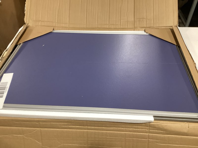 Condition photo showing As Is for innovart enclosed dry erase board 36”x24”, fabric bulletin board outside with magnetic whiteboard inside, secret whiteboard hidden magnetic dry erase board, pin board cabinet w/fabric surface yellow