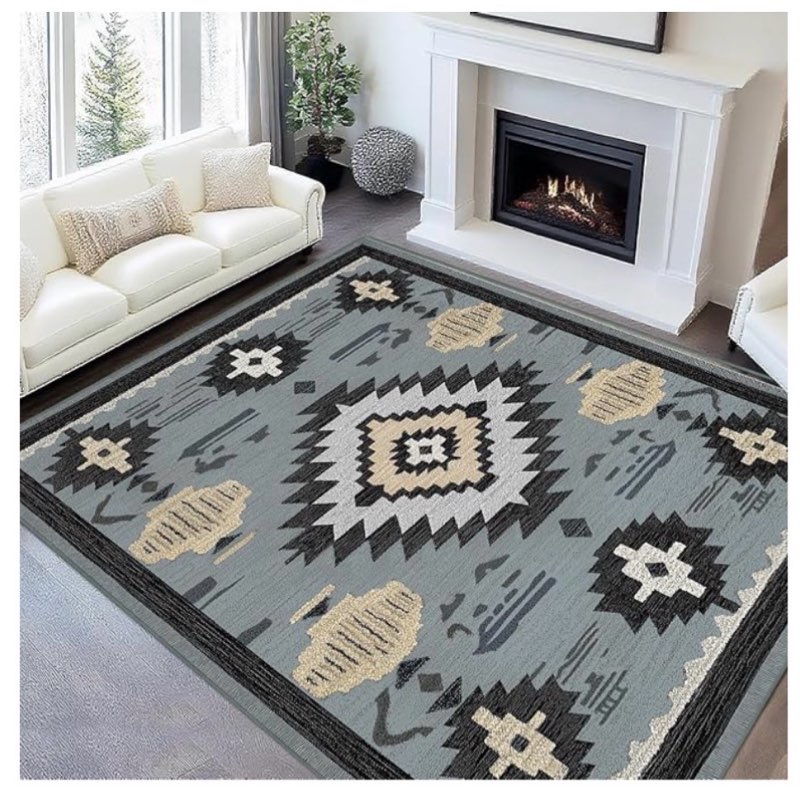 area rug 5x7 western rug living room southwestern aztec rugs machine washable tribal navajo southwest rug non slip printed low-pile indoor floor carpet for dining room bedroom office, blue gray