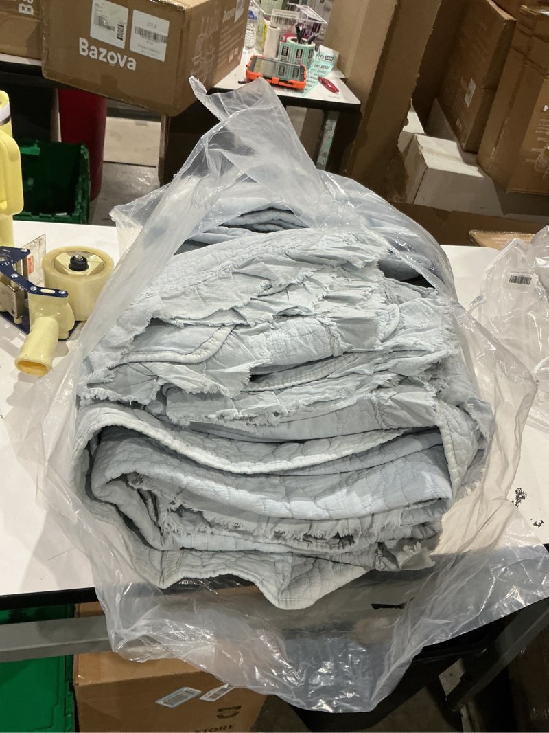 Condition photo showing As Is for qsh 3pcs cornflower blue oversized king quilt bedspread set(120"x120"),stonewashed cotton ruffle quilt california king,soft lightweight crinkled shabby bedspread coverlet bedding set for all seasons oversized king (120"x120") cornflower blue