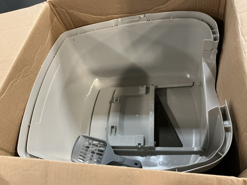 Condition photo showing Good Condition for iris usa cat litter box large with front door flap, covered enclosed litter box enclosure with scoop, handle & buckles for portability & privacy, hidden litter pan, gray jumbo enclosed gray