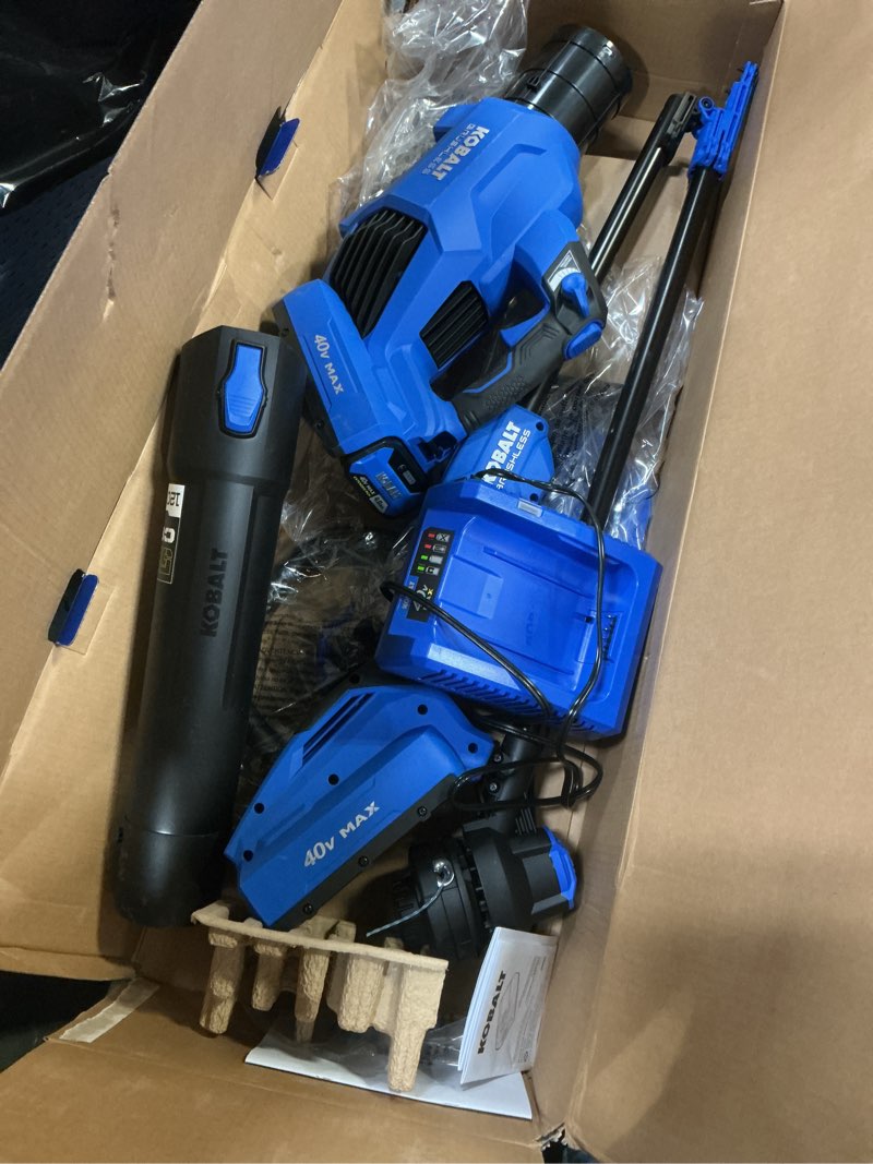 Condition photo showing As Is for kobalt gen4 40-volt cordless battery string trimmer and leaf blower combo kit 4 ah (battery & charger included)