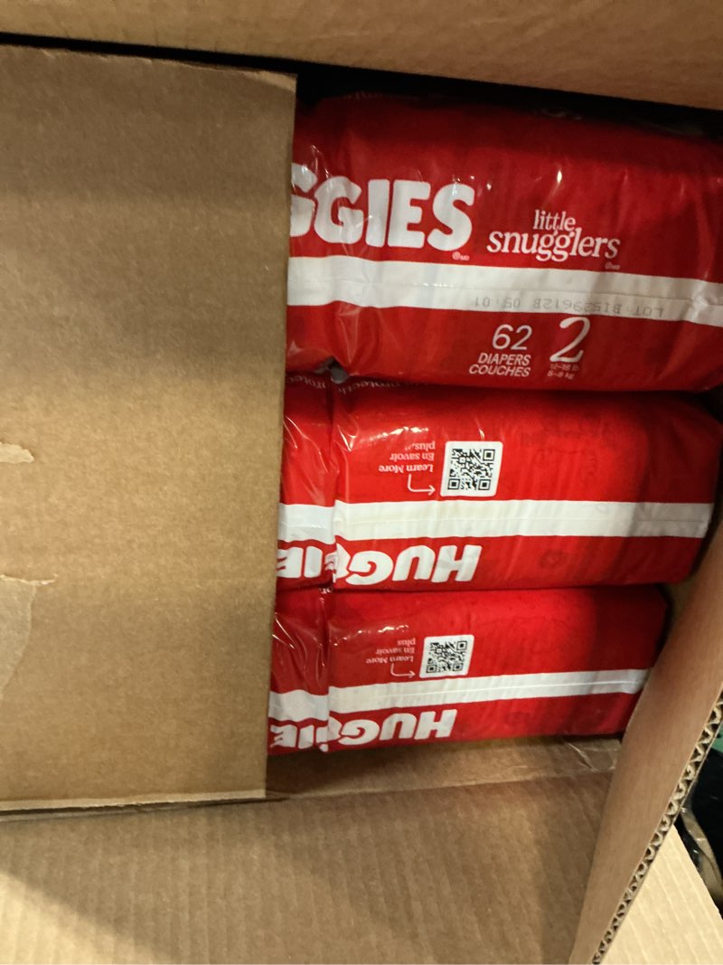 Condition photo showing New/Like New for huggies size 2 diapers, little snugglers baby diapers, size 2 (12-18 lbs), 186 count (3 packs of 62), packaging may vary
