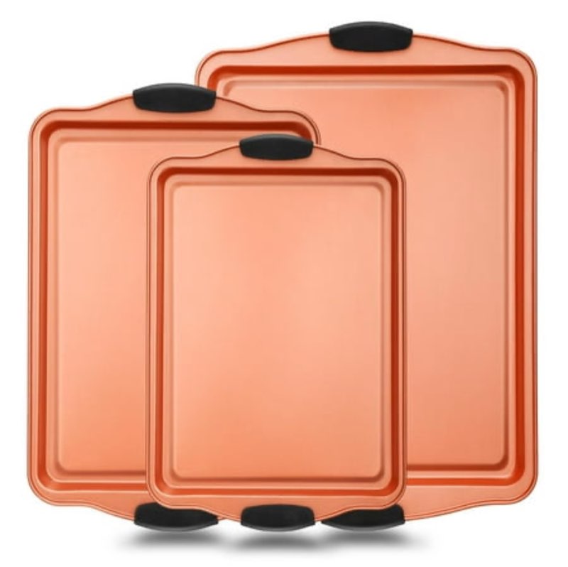 nutrichef 3 piece baking pan set - pfoa, pfos, ptfe free flexible nonstick carbon steel bakeware set