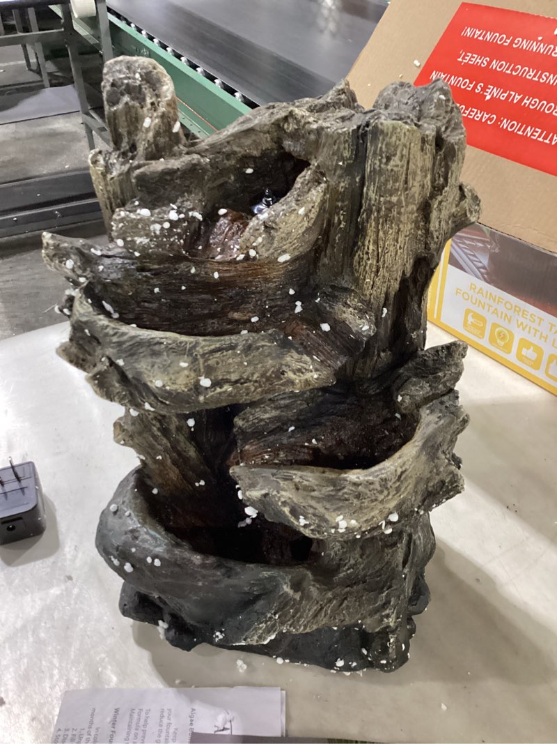 Condition photo showing Good Condition for Alpine Corporation | 14"H Indoor Tiered Log Tabletop Fountain with LED Lights — Cascading Waterfall Design Creates Relaxing Ambiance for Home & Office Décor Multi Tier Rainforest